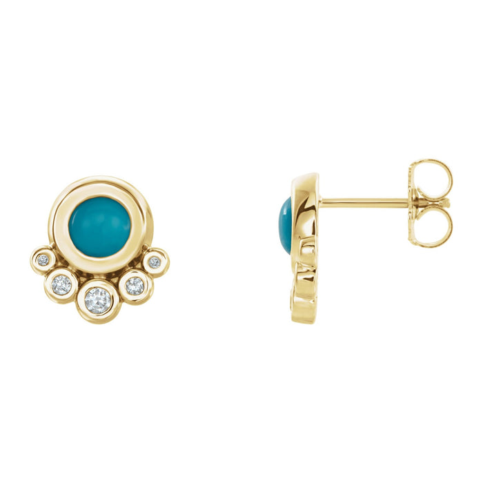 Turquoise Cluster Stud Earrings with Diamonds in 14K Yellow Gold