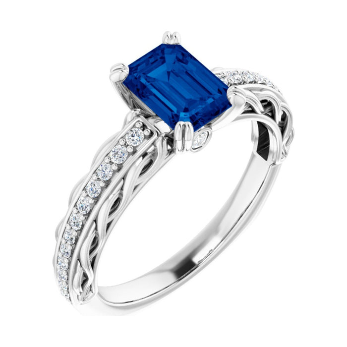 Emerald 1 ct Twisted Vine Solitaire Lab Grown Blue Sapphire Engagement Ring in 14K White Gold
