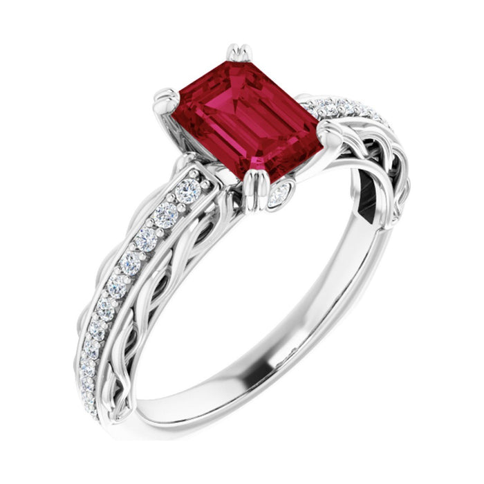 Emerald 1 ct Twisted Vine Solitaire Lab Grown Ruby Engagement Ring in 14K White Gold