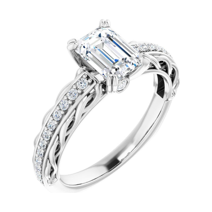 Emerald 1 ct Twisted Vine Solitaire Moissanite Engagement Ring in 14K White Gold