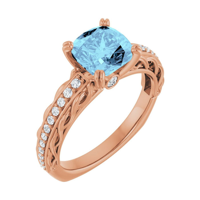 Cushion 1 ct Twisted Vine Solitaire Natural Aquamarine Engagement Ring in 14K Rose Gold