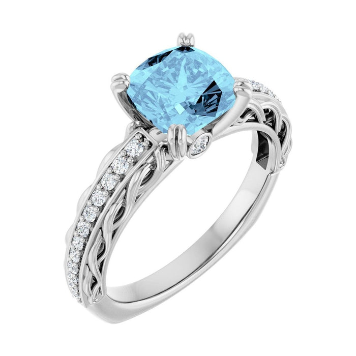 Cushion 1 ct Twisted Vine Solitaire Natural Aquamarine Engagement Ring in 14K White Gold