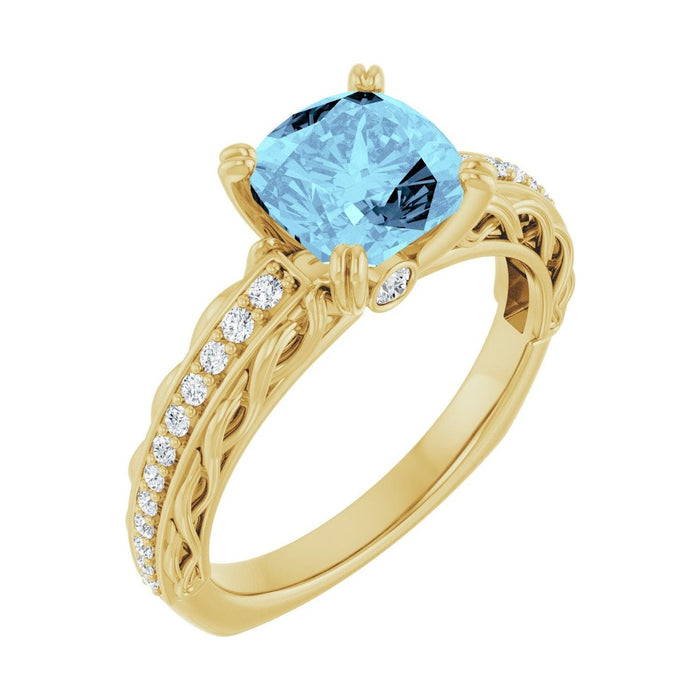 Cushion 1 ct Twisted Vine Solitaire Natural Aquamarine Engagement Ring in 14K Yellow Gold