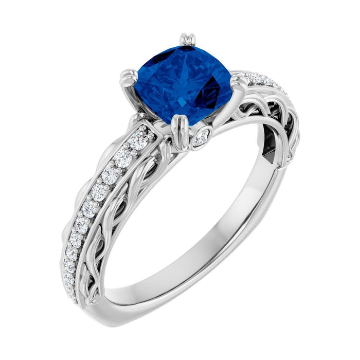 Cushion 1 ct Twisted Vine Solitaire Natural Blue Sapphire Engagement Ring in 14K White Gold