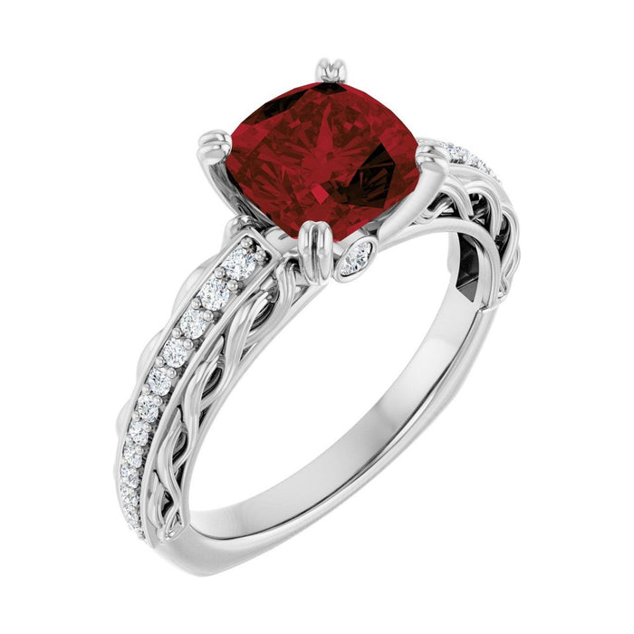 Cushion 1.5 ct Twisted Vine Solitaire Natural Garnet Engagement Ring in 14K White Gold