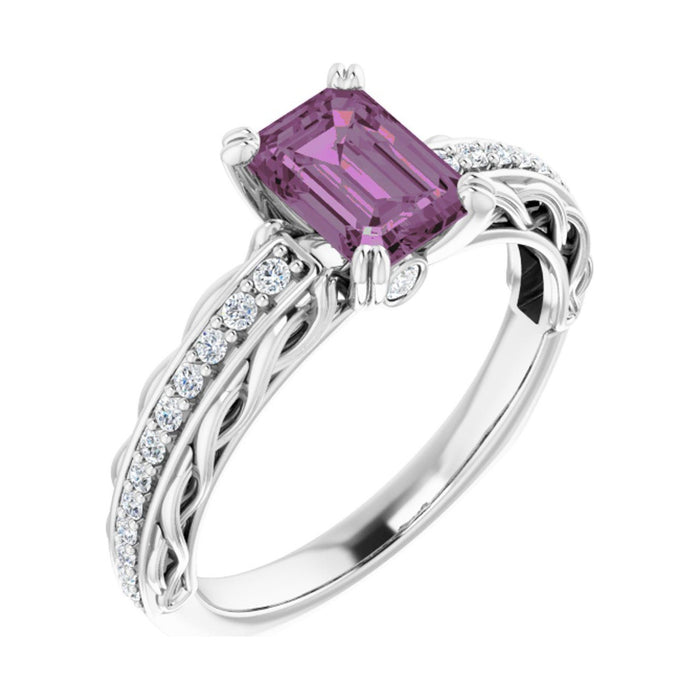 Emerald 1 ct Twisted Vine Solitaire Natural Pink Sapphire Engagement Ring in 14K White Gold