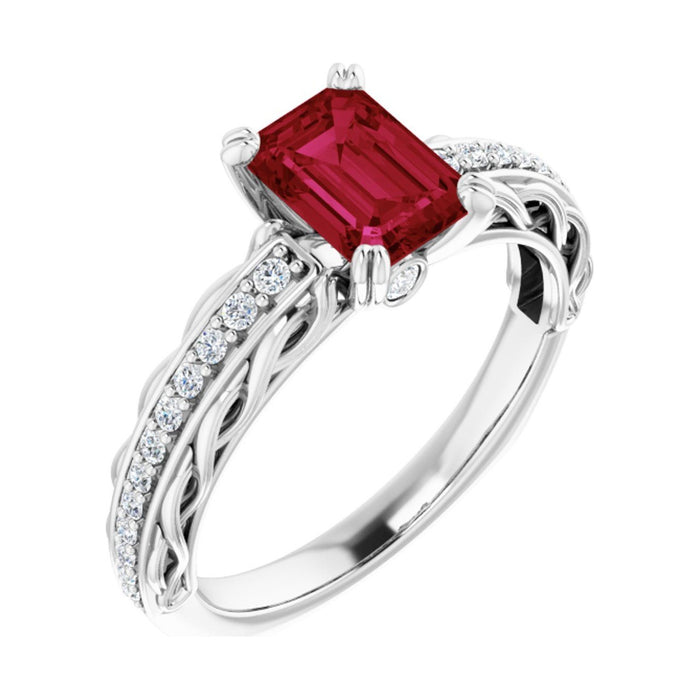 Emerald 1 ct Twisted Vine Solitaire Natural Ruby Engagement Ring in 14K White Gold