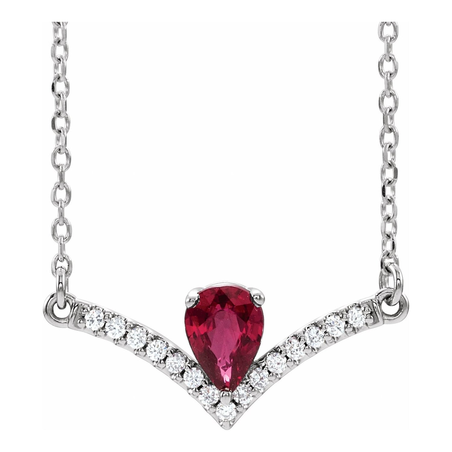 14K White Gold v-chevron diamond natural ruby necklace with 6 x 4 mm pear ruby
