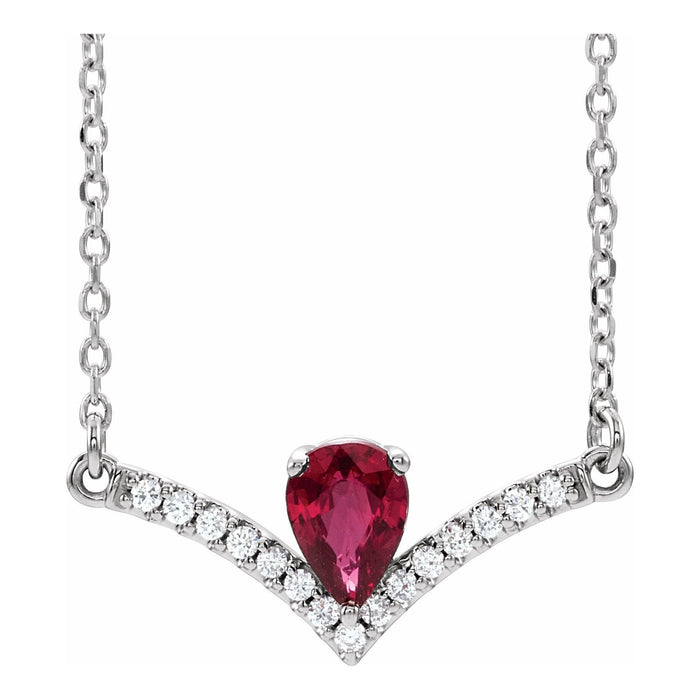 14K White Gold v-chevron diamond natural ruby necklace with 6 x 4 mm pear ruby