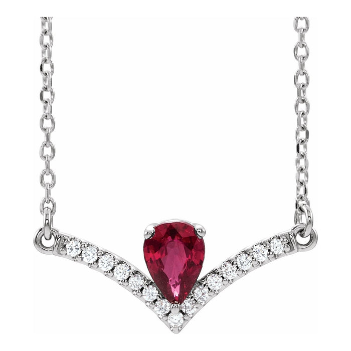 Pear V-Chevron Diamond Natural Ruby Pendant in 14K White Gold