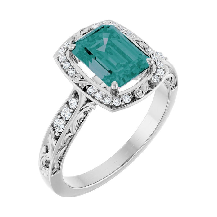Emerald 1.5 ct Vintage Scroll Halo Lab Grown Alexandrite Engagement Ring in 14K White Gold