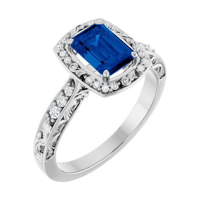 Emerald 1 ct Vintage Scroll Halo Lab Grown Blue Sapphire Engagement Ring in 14K White Gold