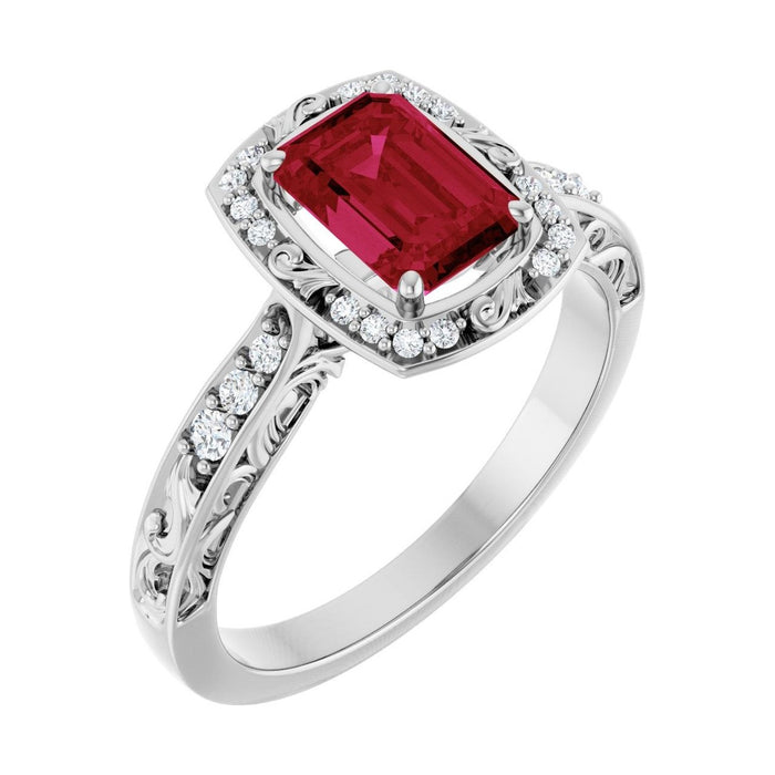 Emerald 1 ct Vintage Scroll Halo Lab Grown Ruby Engagement Ring in 14K White Gold