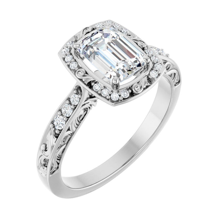 Emerald 1 ct Vintage Scroll Halo Moissanite Engagement Ring in 14K White Gold