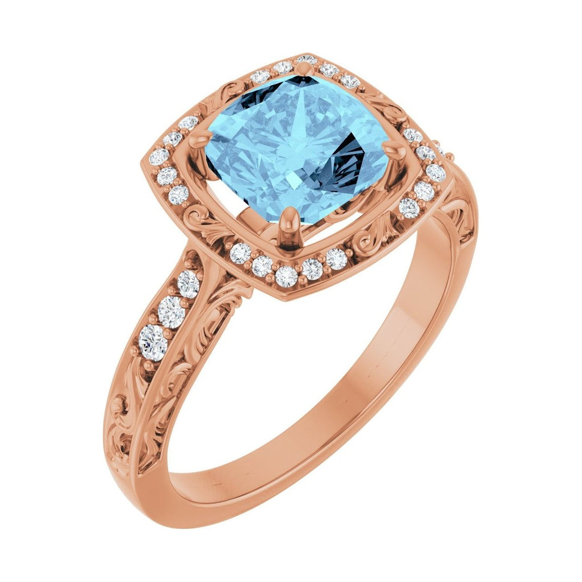 Cushion 1 ct Vintage Scroll Halo Natural Aquamarine Engagement Ring in 14K Rose Gold