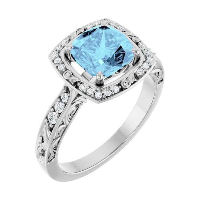 Cushion 1 ct Vintage Scroll Halo Natural Aquamarine Engagement Ring in 14K White Gold