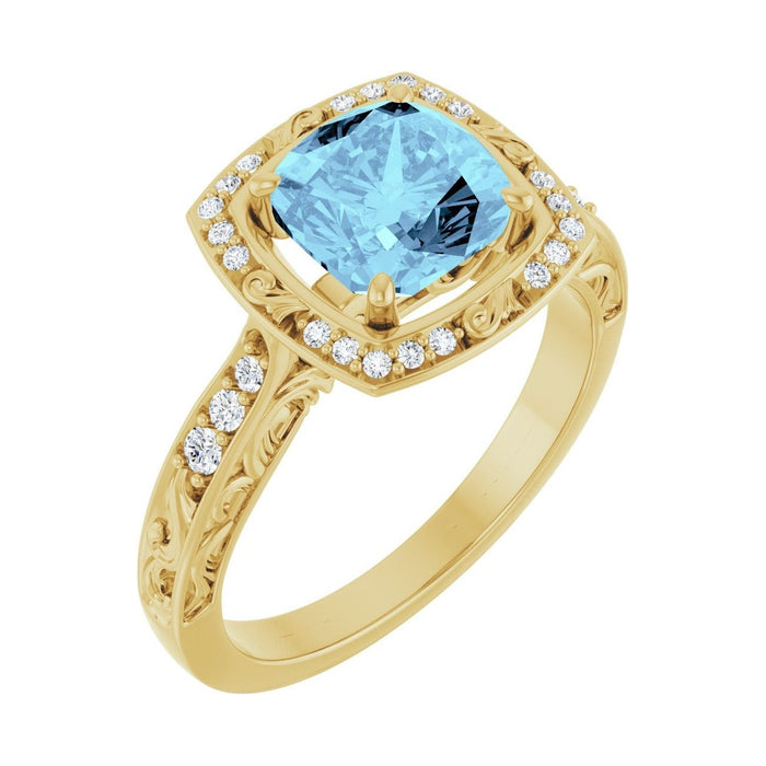 Cushion 1 ct Vintage Scroll Halo Natural Aquamarine Engagement Ring in 14K Yellow Gold