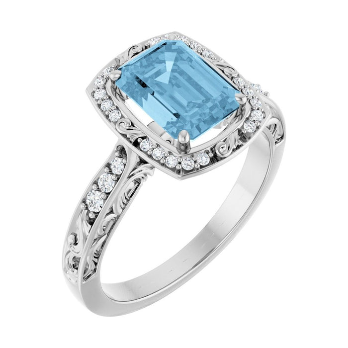 Emerald 1 ct Vintage Scroll Halo Natural Blue Topaz Engagement Ring in 14K White Gold