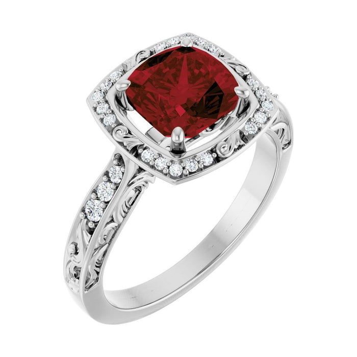 Cushion 1.5 ct Vintage Scroll Halo Natural Garnet Engagement Ring in 14K White Gold
