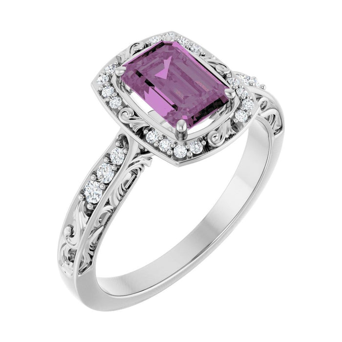 Emerald 1 ct Vintage Scroll Halo Natural Pink Sapphire Engagement Ring in 14K White Gold