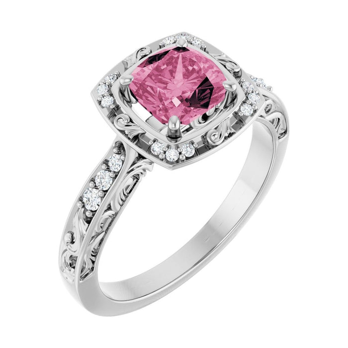 Cushion 1 ct Vintage Scroll Halo Natural Tourmaline Engagement Ring in 14K White Gold