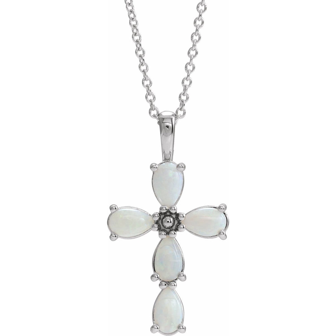 white opal cabochon cross necklace in 14k White Gold