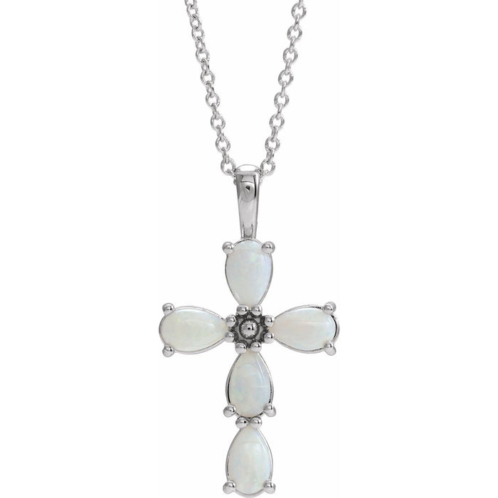 white opal cabochon cross necklace in 14k White Gold