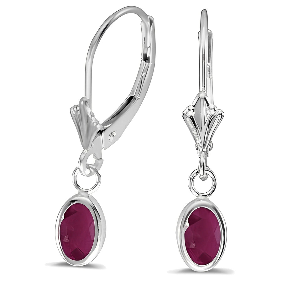 Lever-back Oval Ruby Drop Earrings in 14K White Gold (1.20ct)